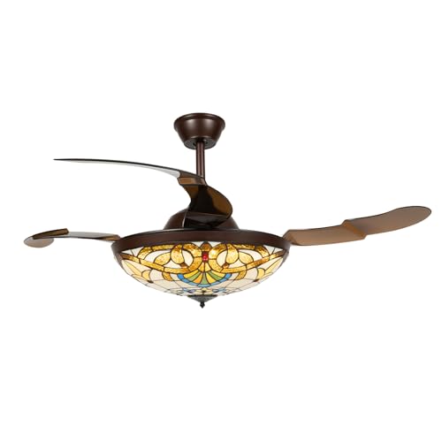 FFIHAKL 42 Inch Tiffany Style Ceiling Fan, Remote Control Stained Glass Chandelier Ceiling Fan with 4 Reverse Blades, Vintage Stained Glass Suit for Bedroom Living Room