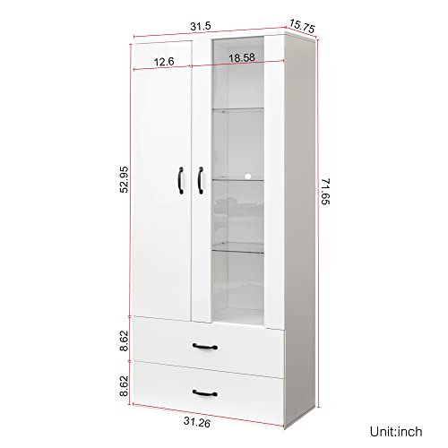 Yoluckea Modern Led Bookcase Storage Cabinet With 3 Glass Shelves And 2 Drawers, 72" Tall Curio Cabinet Collection Display Cabinet Side Cabinet For Living Room, Hallway, Office #TOP5
