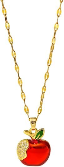 Collier pomme rouge pour femme avec pendentif oxyde de zirconium et feuilles vertes