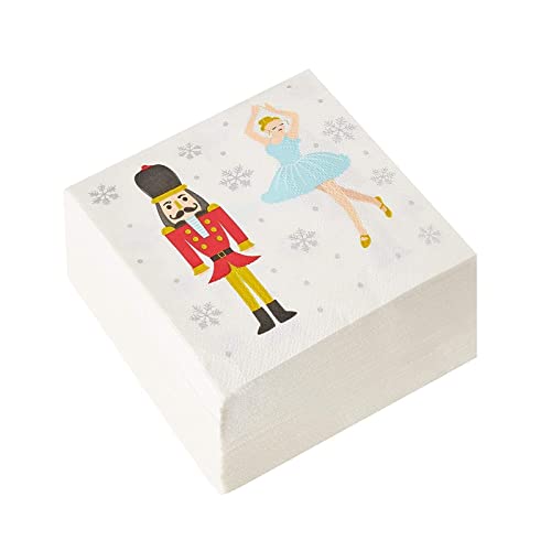 Cocktail Napkins - 100-Pack Disposable Paper Napkins, Christmas Holidays Dinner Party Supplies, 2-Ply, Nutcracker And Ballerina Design, White, Unfolded 10X10 Inches, Folded 5X5 Inches #TOP4