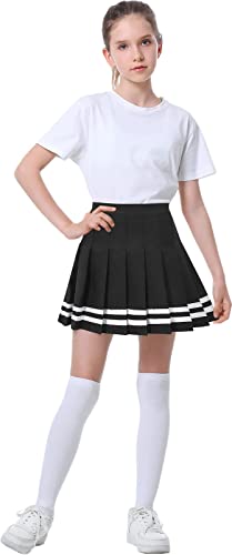 Girls Pleated Short Cheer Skirt Skort, School Uniform Cosplay Costume Skirt for Toddlers, Little & Yougth Big Girls, Black with Stripe, Tag 140 = 8-9 Years