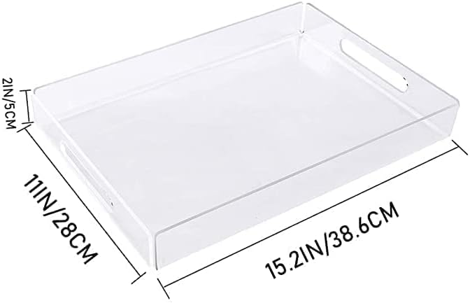 Clear Acrylic Serving Tray with handle, Rectangular Set of 2 Serving Tray For Coffee Table, Food, Wine, Fruit, Makeup Vanity tray, Ottoman Tray, organizer tray for Home & Office (15.2" X 11" X 2")