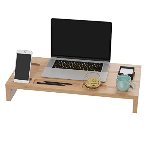 Image of Lavish Home Bamboo Monitor Riser Set - 2-Pack Wooden Laptop Stand and PC Computer Shelf Set for Home, Office, or Dorm Rooms - Office Accessories