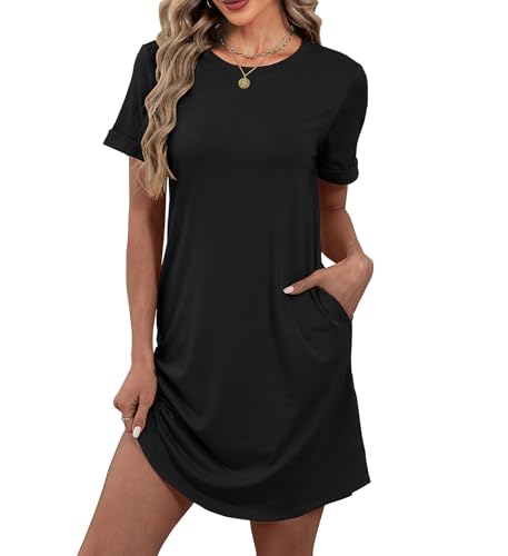 Image of Bluetime Womens T Shirt Dresses Casual 2026 Summer Short Sleeve Loose Vacation Dress with Pockets