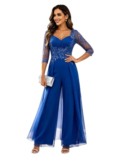 Chiffon Blue Jumpsuit Lace Sleeve Mother Wedding Dress