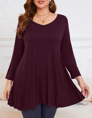 Image of LARACE Tunics 3 /4 Sleeve Plus Size Tops for Women V Neck Loose Fit Flowy Clothing for Leggings