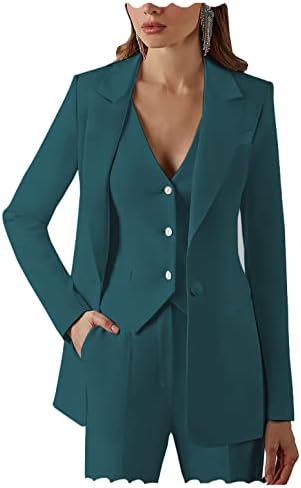 Women's 3 Piece Suits Slim Fit Notch Lapel Single Breasted Vest Office Business Suit Set (Blazer+Vest+Pants) US10 Teal Blue