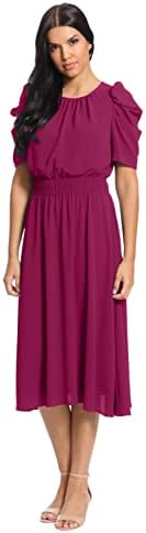 London Times Women's Shirred Jewel Neck Pleated Ruched Sleeve Elastic Waist midi Dress, Plumberry, 8