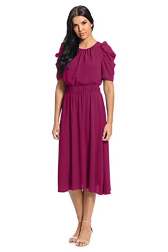 Image of London Times Women's Caterpillar Puff Sleeve Midi Dress - Gathered Waist A-Line Flowy Summer Dress