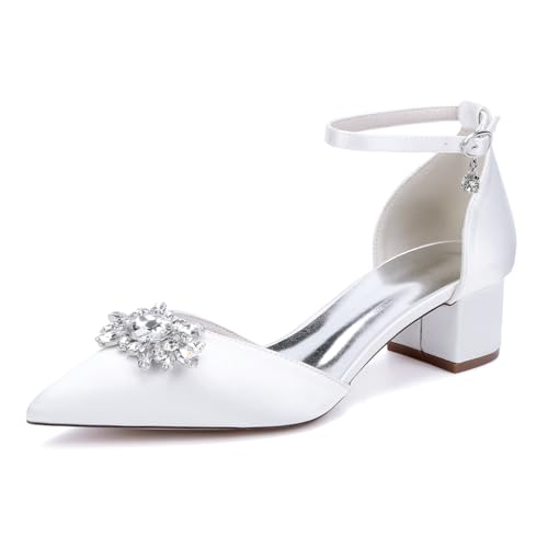 TNMIUH Scarpe da Sposa Eleganti con Tacco a Blocco Basso, Punta Affusolata, Decorazioni in Cristallo,Bianco/Avorio,Eleganti e Comode Donna Sposa col Tacco,Bianca,36 EU