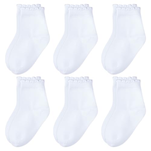 6 Pack Girls White Ruffle Dress Socks Cotton Ruffle Frilly Crew School Uniform Socks2