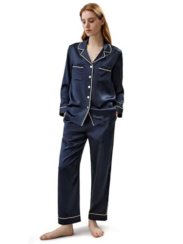 LilySilk Silk Pajamas for Women Gold Piping 100% Silk Pajama Set for Ladies Washable