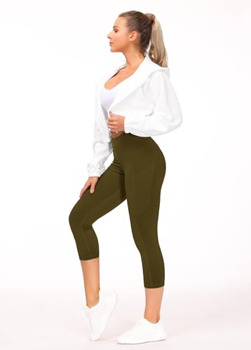 Image of THE GYM PEOPLE Thick High Waist Capris Yoga Pants with Pockets, Tummy Control Workout Running Yoga Leggings for Women