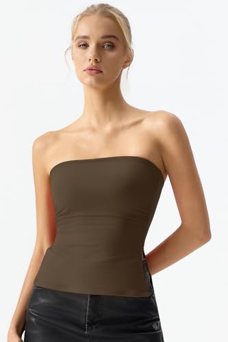 QINSEN Womens Strapless Tube Tops Basic Side Split Backless Bandeau Top Sleeveless Cute Going Out Tops Brown XS by QINSEN - Used condition - Image 8