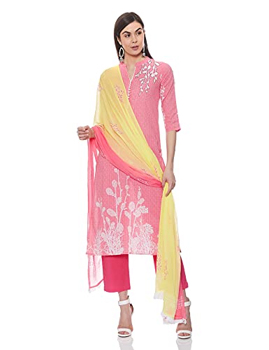 Image of Rain & Rainbow Cotton Women Coral Pink & White Floral Screen Print Kurta with Trousers & Dupatta