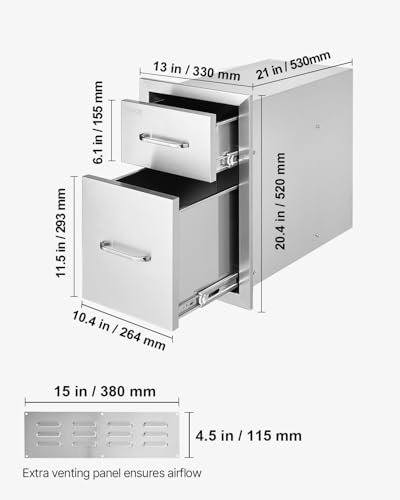 Image of VEVOR Outdoor Kitchen Drawers 13 inch W x 20.5 inch H x 21 inch D, Flush Mount Double BBQ Access Drawers with Stainless Steel Handle, BBQ Island for Outdoor Kitchens or Patio Grill Station