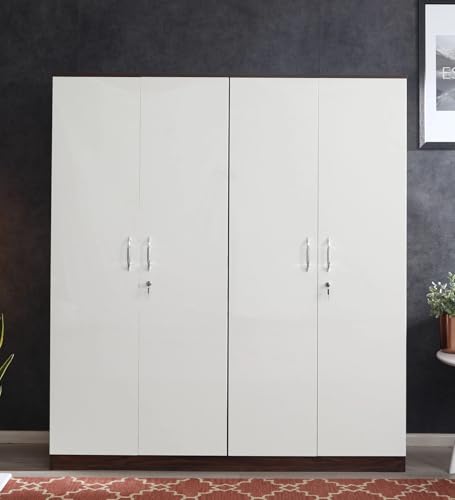 Image of Mintwud Pepperfry Engineered Wood Wardrobe with 4 Doors Storage and 2 Hanging Rod | Wooden Almirah Cupboard for Clothes Storage Organizer for Living Room Home Furniture (White Wenge Finish)