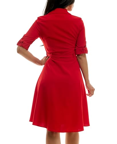 Image of Sharagano Women's Pleated Shirt Dress - 3 /4 Sleeve, V-Neck, Gold Buttons