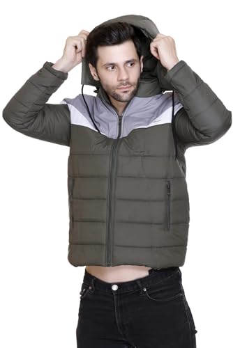 Image of Men's Navy Blue and Grey Hooded Puffer Jacket, Quilted, Zip Front