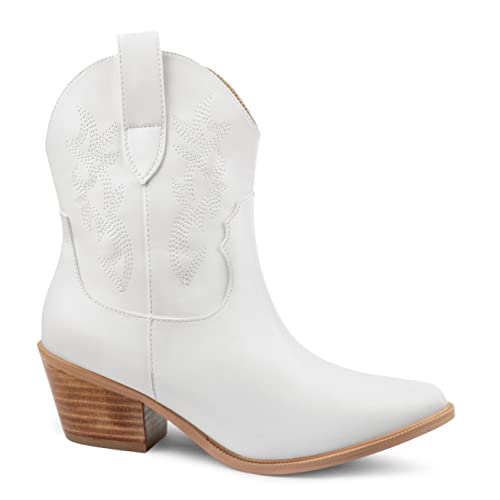 Zzheels Women's Embroidered Western Cowboy Boots Cowgirls Low Chunky Heel Ankle Pull-On Classic Boots White Matte Us7.5 #TOP4