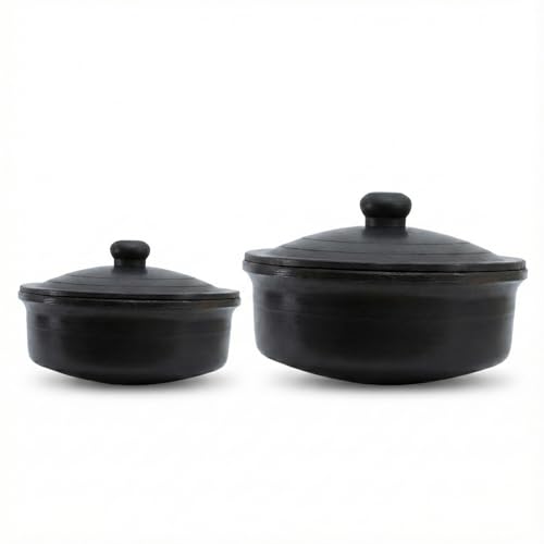 Image of Black Clay Pots for Cooking with Lid | Bartan for Cooking | Clay Handi Set Earthen Kadai | Traditional Handmade Terracotta Cookware for Serving | Natural and Organic Pack of Two 1.5L+2.5L
