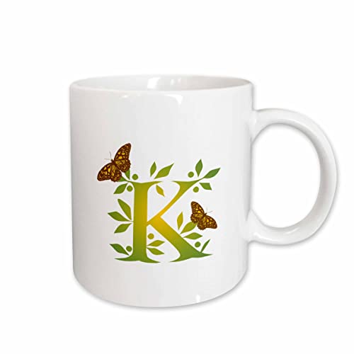 3dRose Monogram in Leafy Green & Yellow Initial K 11oz Mug