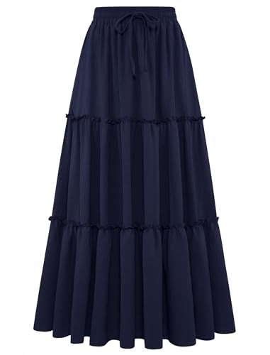 Arolina Women’s Boho Maxi Skirts Elastic High Waist Pleated A-Line Long Skirt Flowy Ruffle Tiered Maxi Long Skirt L Navy Blue