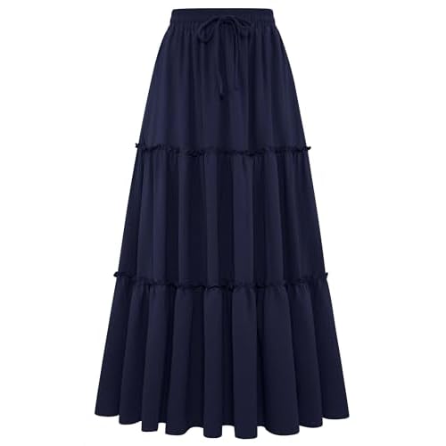 Arolina Women's Summer Maxi Skirt Trendy High Waist Pleated Ruffle Long Skirts Flowy Beach Boho Skirt Dress with Pockets Navy Blue X-Large