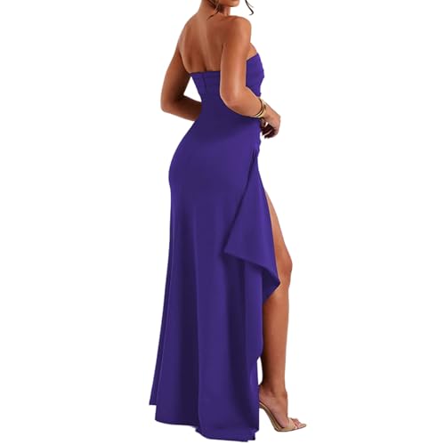 Image of Women's Sexy Strapless Backless High Split Long Maxi Dress Ruched Off Shoulder Sleeveless Bodycon Party Cocktail Dresses