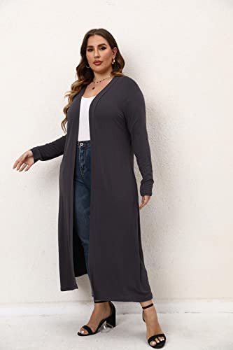 Image of Women Plus Size Floor Length Open Front Drape Cardigan Lightweight Long Sleeve Maxi Duster with Pockets 1X-5X