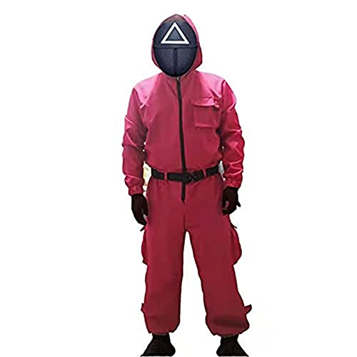 Squid Game Costume 4Pcs Squid Masked Man Jumpsuit+Belt+Gloves+Masks Cosplay Suit Halloween Party Outfit (Triangular Masks+Jumpsuit+Belt+Gloves, Medium)