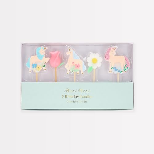 Image of Meri Meri Meadow Unicorn Candles (Pack of 5), Unicorn Birthday Cake Toppers, Average Height Including Stick is 4.25", Unscented
