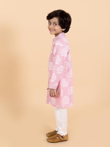 Pspeaches Boys Pink Floral Embroidered Pure Cotton Kurta With Churidar