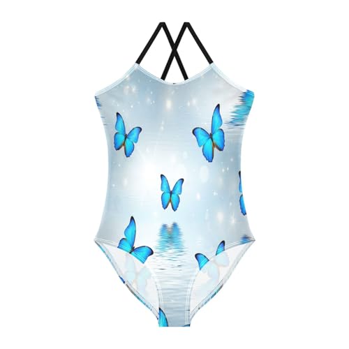Bright Blue Butterflies Girls' One-Piece Swimwear with Adjustable Shoulder Strap, Beach Apparel, 3-10