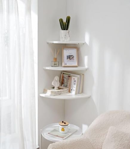 Image of Corner Wall Shelves, White Floating Corner Shelf, Set of 2 16inch Solid Oak Wood Shelves, Round End Wall Mount Display Shelf with Wire Hole for Small Plant for Bedroom Kitchen, Living Room