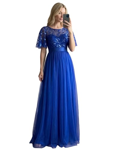 Image of Ever-Pretty Sequin Formal Prom Dresses for Women Ruffle Sleeves Empire Waist A-Line Long Mother of Bride Dress 00904