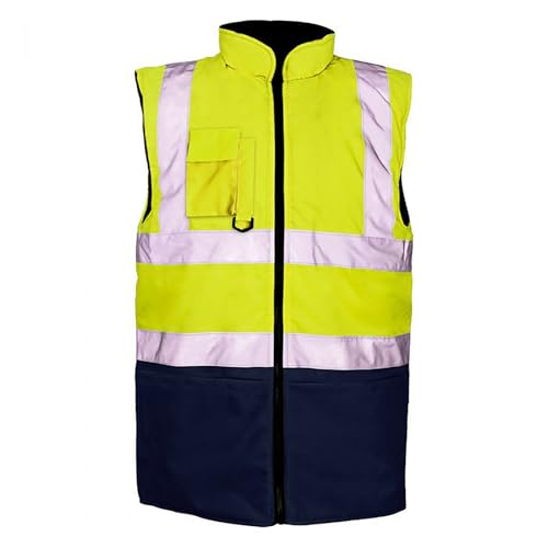 Hi Vis Bodywarmer Fleece Lined Reversible Safety Gilet Waistcoat – Waterproof High Visibility Reflective Workwear Vest for Men Security Outdoor Hiking Work Jacket Yellow Navy L