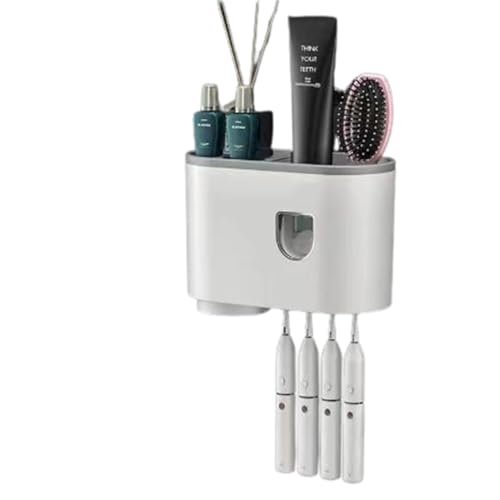 SDFJKHRD Zahnbürstenhalter Wand Mit Zahnpastaspender, Großer Kapazität Mit Kosmetik-Organizer-Schublade,Pinselschlitzen, Magnetischen Bechern Für Große Familien,Grau,1 Cup