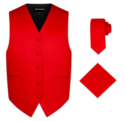 Oliver George 3pc Men's Solid Formal Suit Vest Waistcoat Tuxedo Dress Vest Necktie Handkerchief Set For Suit or Tuxedo