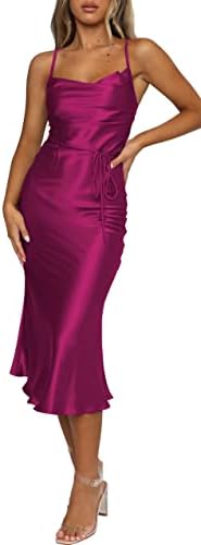 UTNISAN Women's Cowl Neck Spaghetti Strap Satin Slip Wedding Guest Formal Midi Evening Dress 2030 (S, Rose Red)