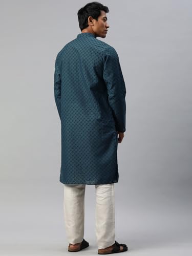 Image of Majestic Man Men's Cotton Blend Regular Fit Casual Polyester Mandarin Collar Ethnic Motifs Embroidered Long Regular Kurta