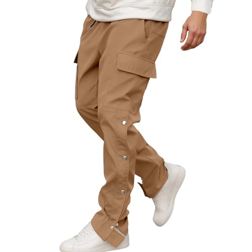Foweknow Pantalones cargo largos de deporte para hombre, con tira de botones, monocolor, holgados, pantalones de correr, informales, rectos, funcionales, para exteriores, pantalones de trabajo
