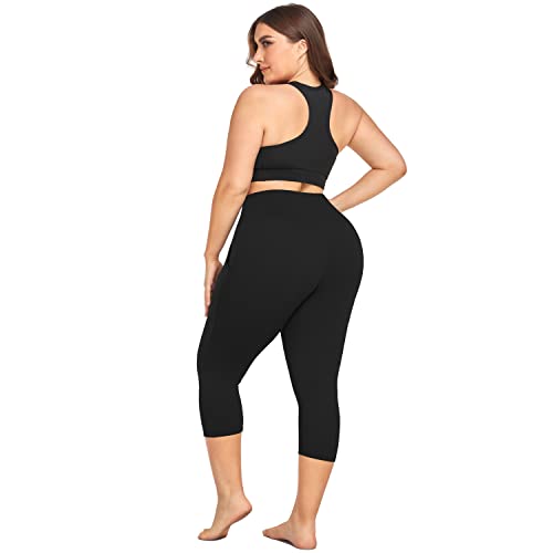 morefeel capri plus size leggings for women with pockets-stretchy xl-4xl tummy control high waist workout black yoga pants