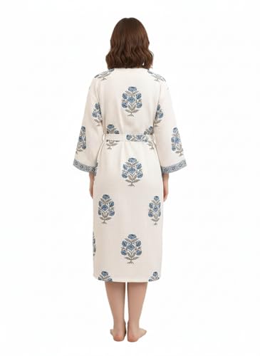 Image of Hand Block Print Waffle Cotton Bathrobe For Women's Ultra-Soft & Lightweight After Bath Spa Bathrobe White | Highly Absorbent Free Size Soft & Comfortable