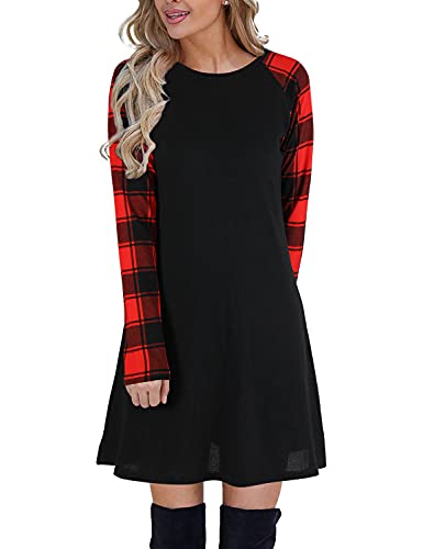 Blooming Jelly Women s Red-Black Grid Splicing Long Sleeve Swing Dress Round Neck Tunic Mini Dress（Medium，Black-Red）