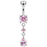 PiercingPoint Pink Crystal Stone Round with Teardrop CZ Stone Dangling 925 Sterling Silver with Stainless Steel Belly Button Ring