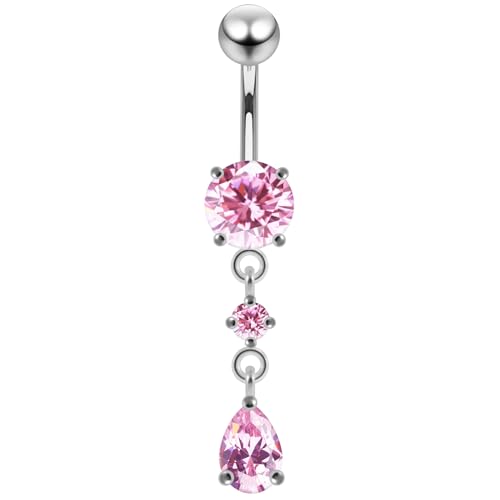 PiercingPoint Pink Crystal Stone Round with Teardrop CZ Stone Dangling 925 Sterling Silver with Stainless Steel Belly Button Ring