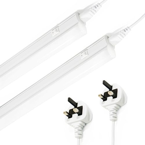 Qsmile LED Batten Light with Plug, 2-Pack 1ft 570lm 4.5W Under Cabinet Lights, 4000K Garage Lighting,Up to 10 T5 Led Tube Lights Can Be Connected in Series, with On/Off Switch, Ceiling Batten Lights