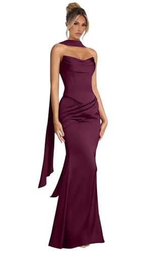 Satin Bridesmaid Dresses with Scarf Strapless Mermaid Evening Formal Maxi Dresses for Women LA215