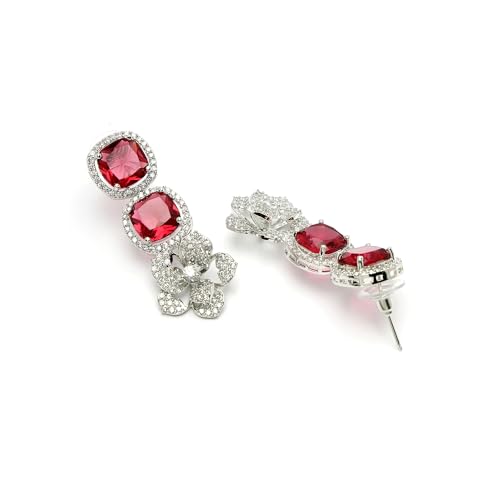 Image of ZENEME Jewellery Set Classic Style Rhodium Plated AD /American Diamond Studded Silver Plated Bejeweled Rose Necklace Jewellery Set for Women & Girls